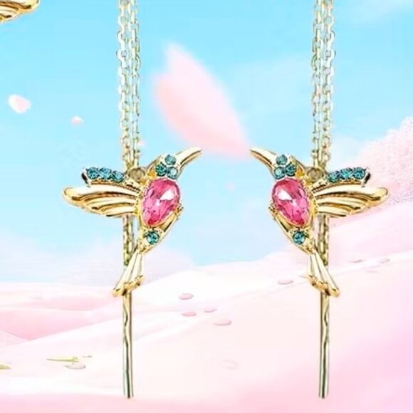 Hummingbird Earrings Bird Chain Dangle Colorful Glam Whimsical Sytlish Trendy - Picture 2 of 7